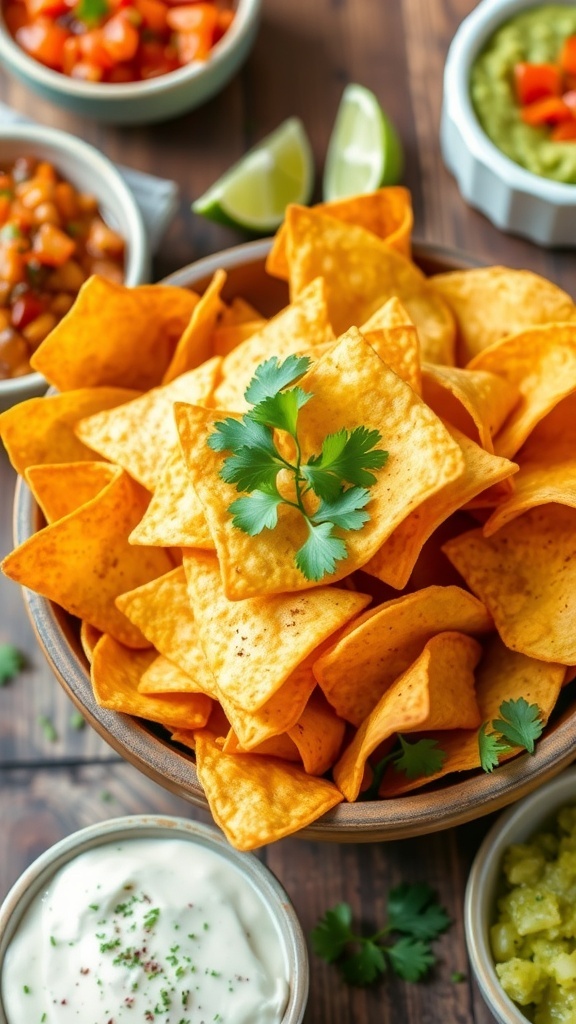 A bowl of crispy tortilla chips served with salsa and guacamole on a wooden table.